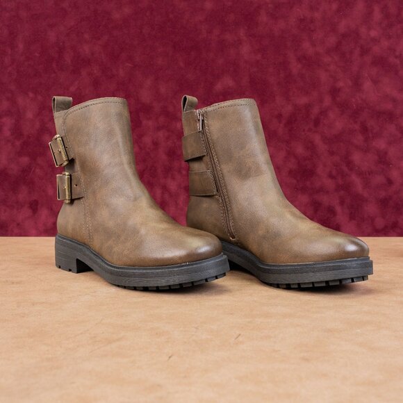 Lucky Brand Women Brown Leather Festival Moto Buckle Zip Ankle Boots sz 9 - Picture 1 of 9